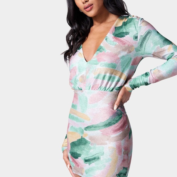 Bebe PRINTED BLOUSON LUREX MINI DRESS brush print color - Picture 2 of 10